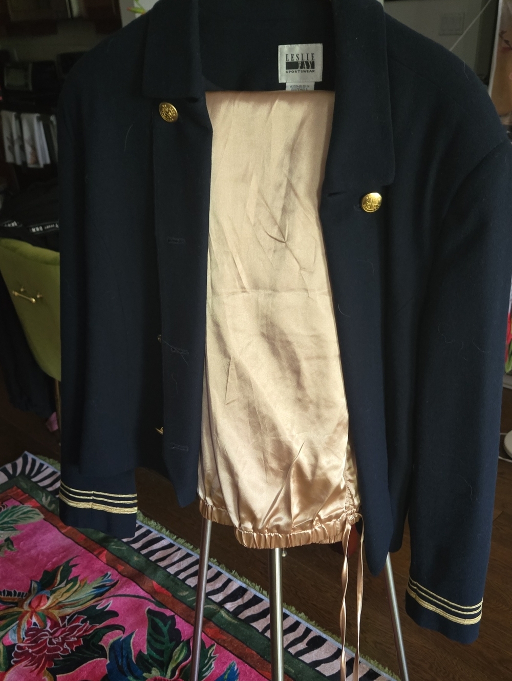 Leslie Fay Navy Gold-Trim Wool Military Jacket And Gold Satin Pull On Pants
